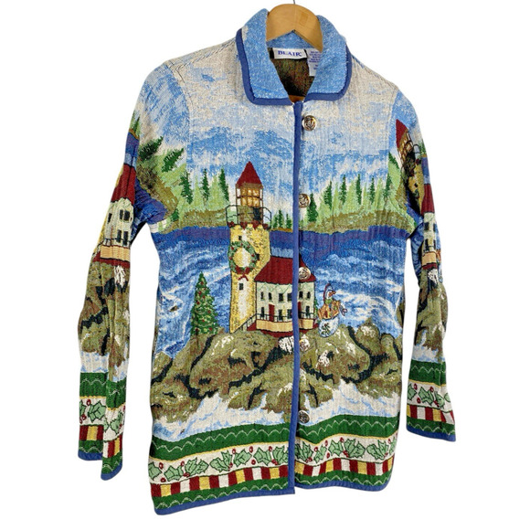 Lighthouse Tapestry Coat Jacket Christmas Art to Wear Grandmacore Size Small Vtg - Picture 6 of 16